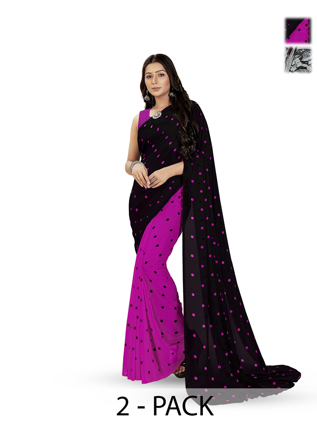 

ANAND SAREES Selection of 2 Polka Dot Printed Sarees, Black