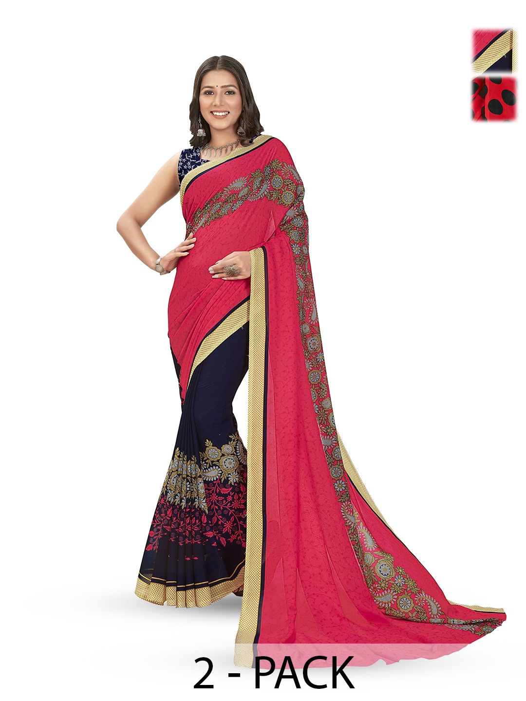 

ANAND SAREES Selection of 2 Polka Dot Printed Sarees, Black