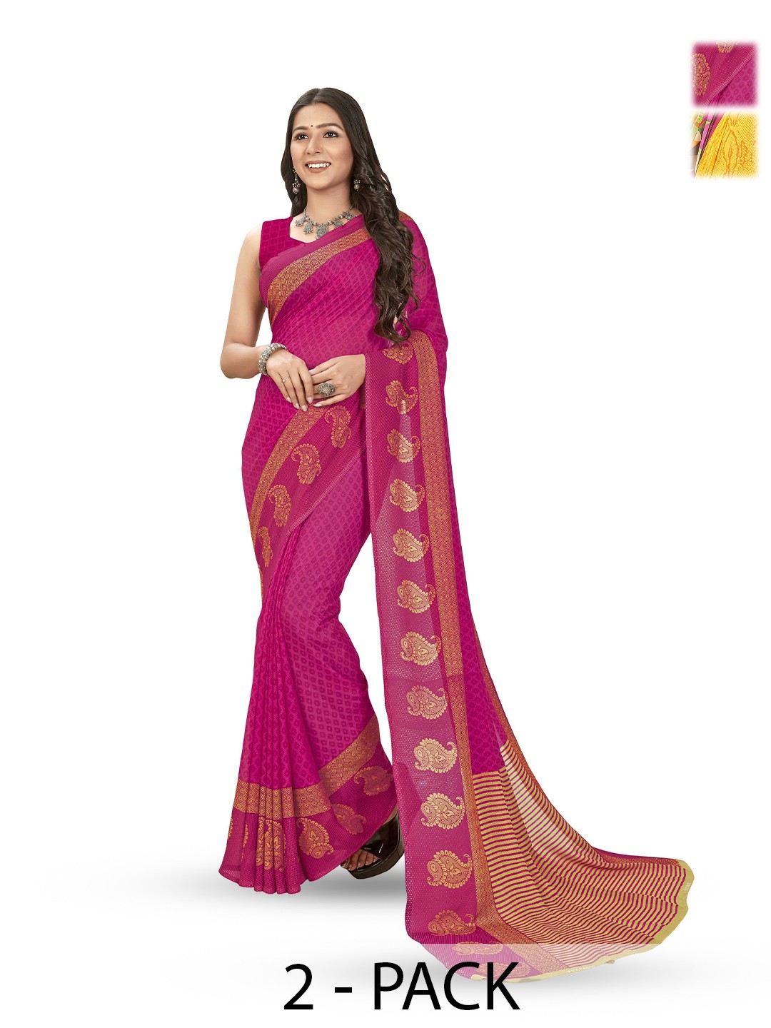 

ANAND SAREES Selection of 2 Floral Printed Sarees, Yellow