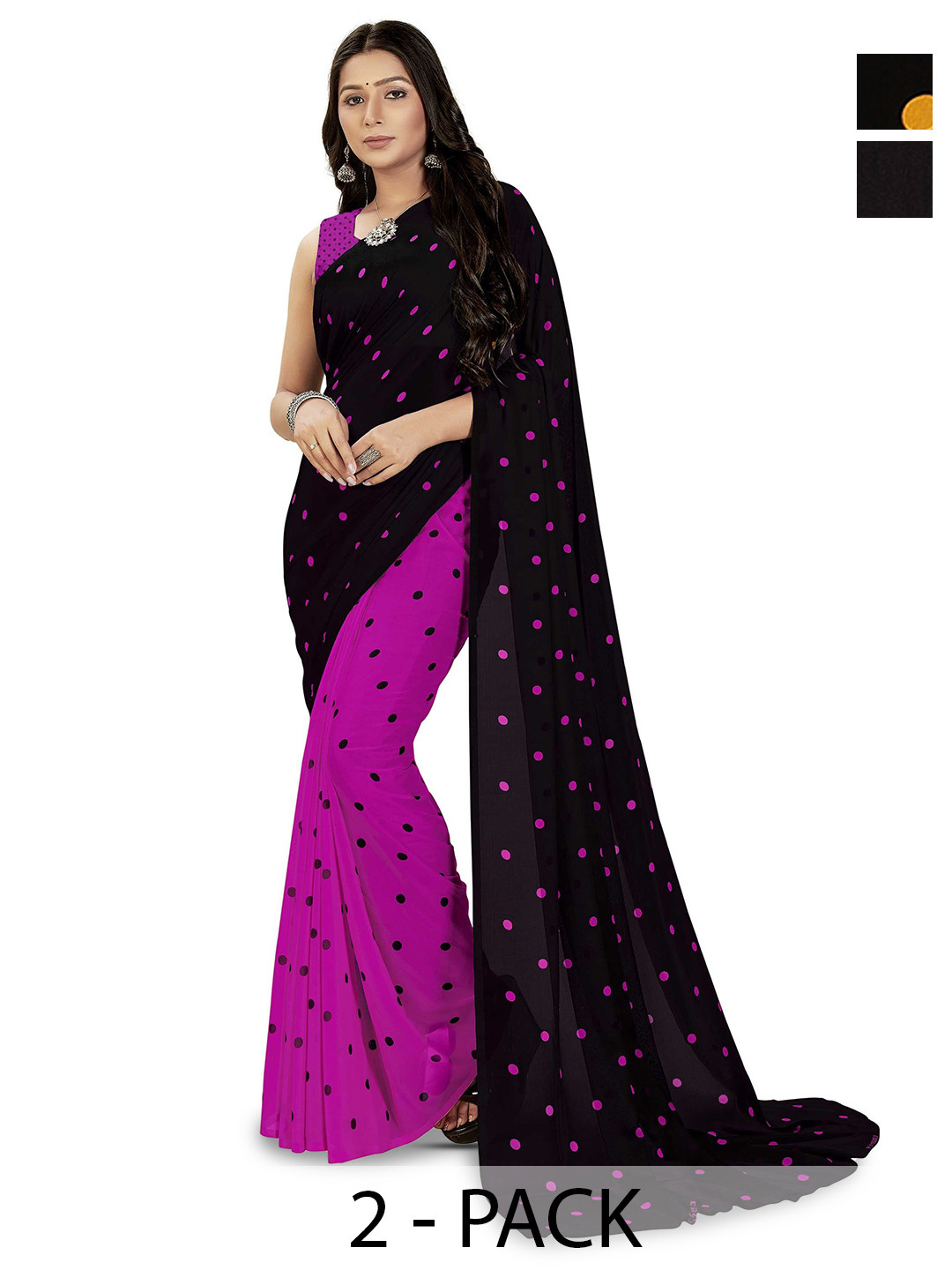

ANAND SAREES Selection of 2 Polka Dot Printed Sarees, Black