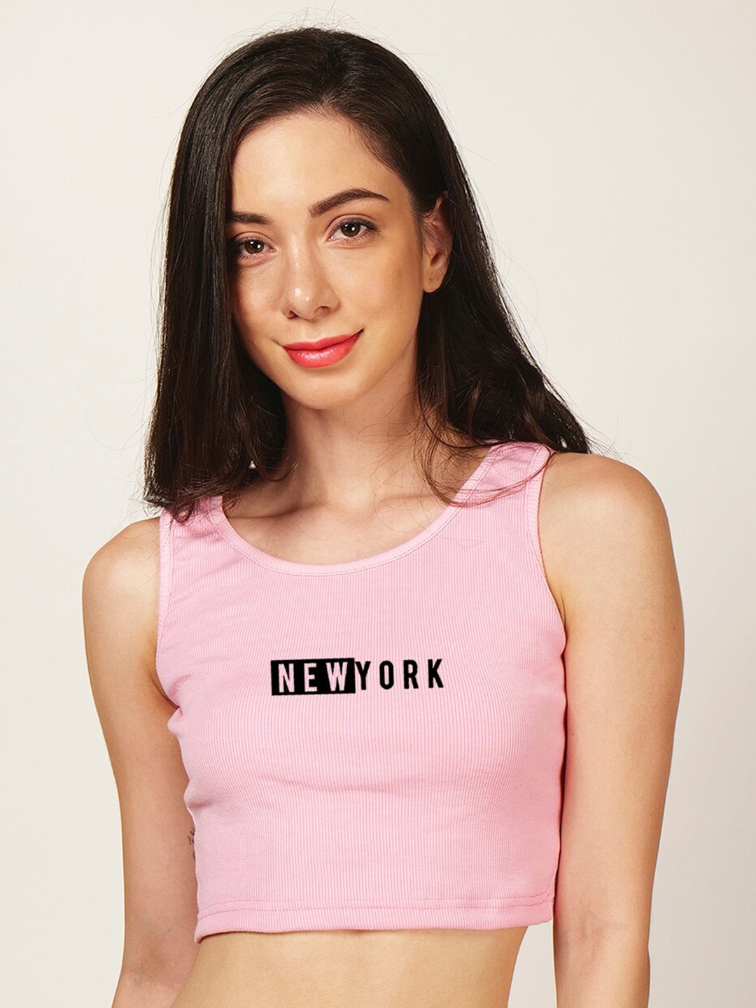 

Fashion And Youth Typography Printed Round Neck Fitted Crop Ribbed Top, Pink