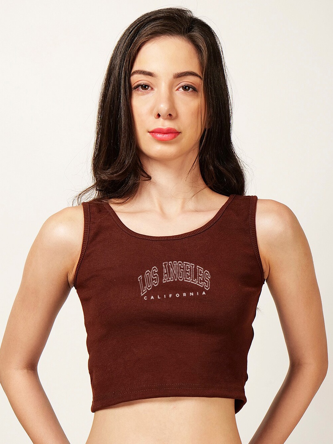 

Fashion And Youth Printed Round Neck Sleeveless Styled Back Crop Top, Coffee brown