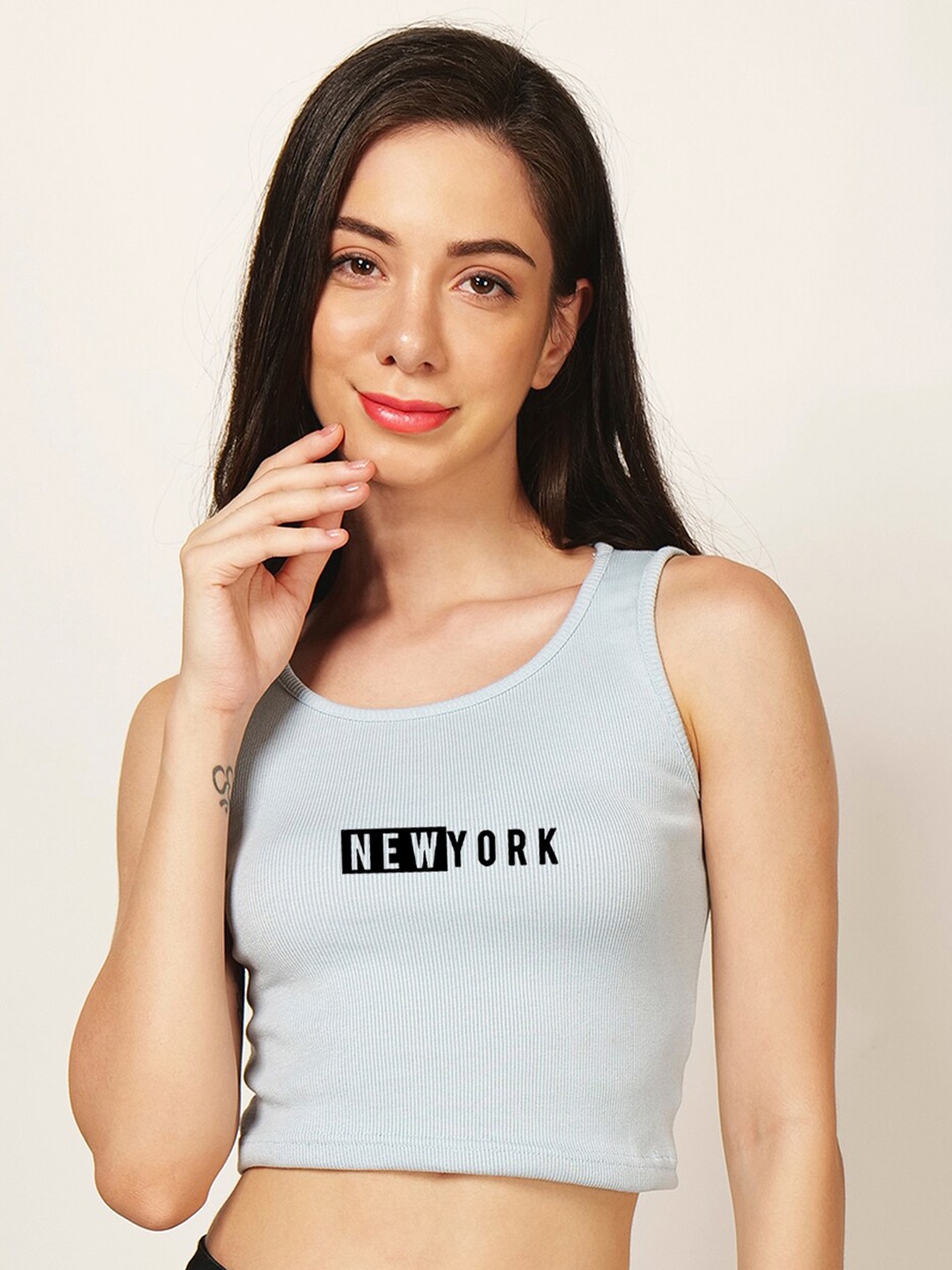 

Fashion And Youth Typography Printed Sleeveless Fitted Crop Top, Turquoise blue