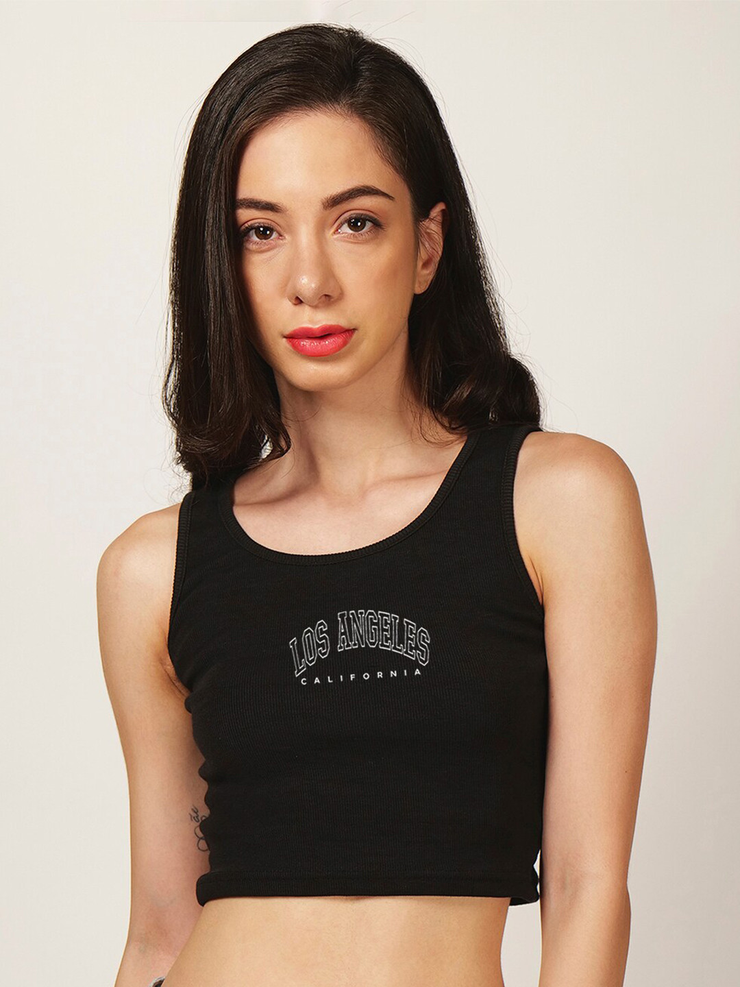 

Fashion And Youth Typography Printed Round Neck Sleeveless Cotton Crop Top, Black