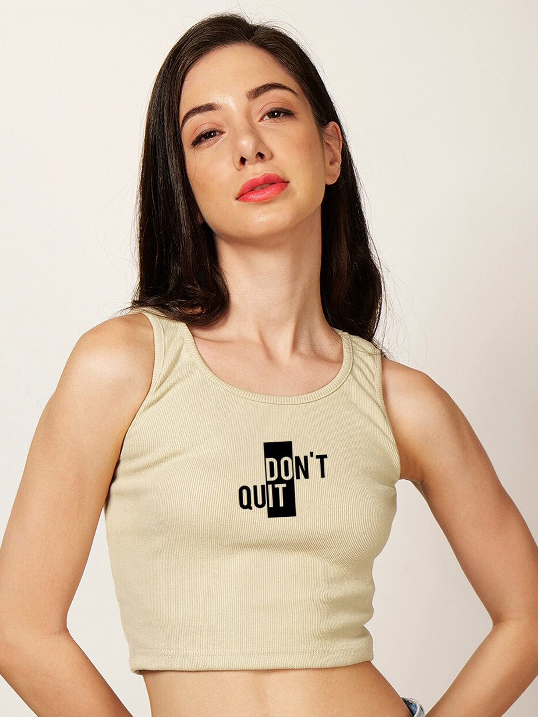 

Fashion And Youth Round Neck Fitted Crop Top, Beige