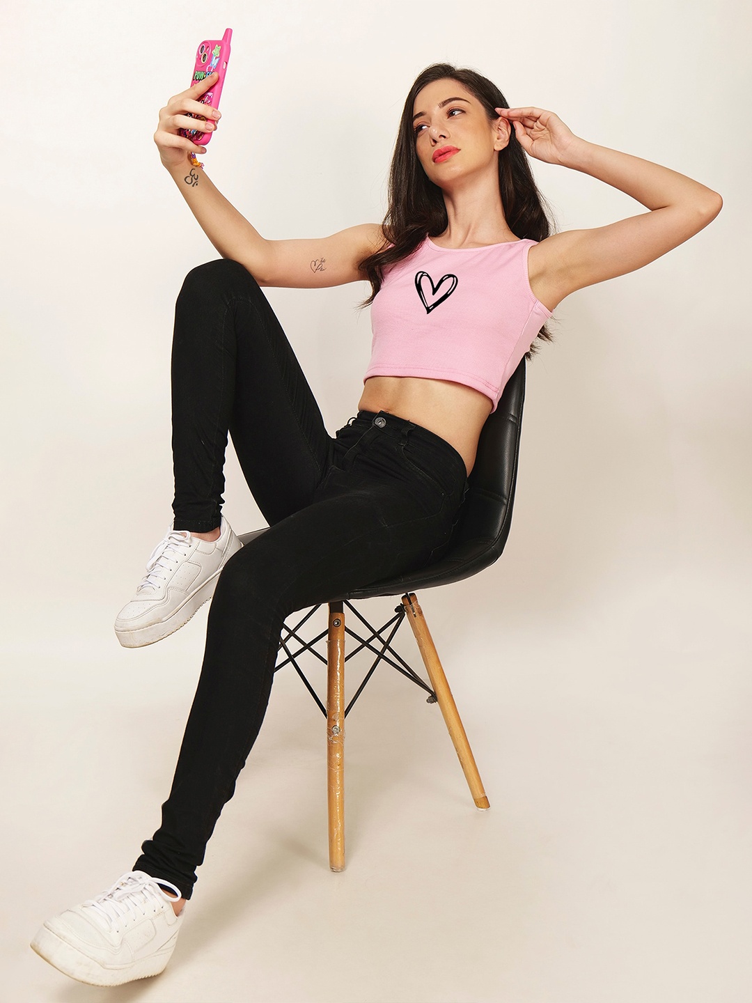 

Fashion And Youth Printed Round Neck Sleeveless Crop Top, Pink