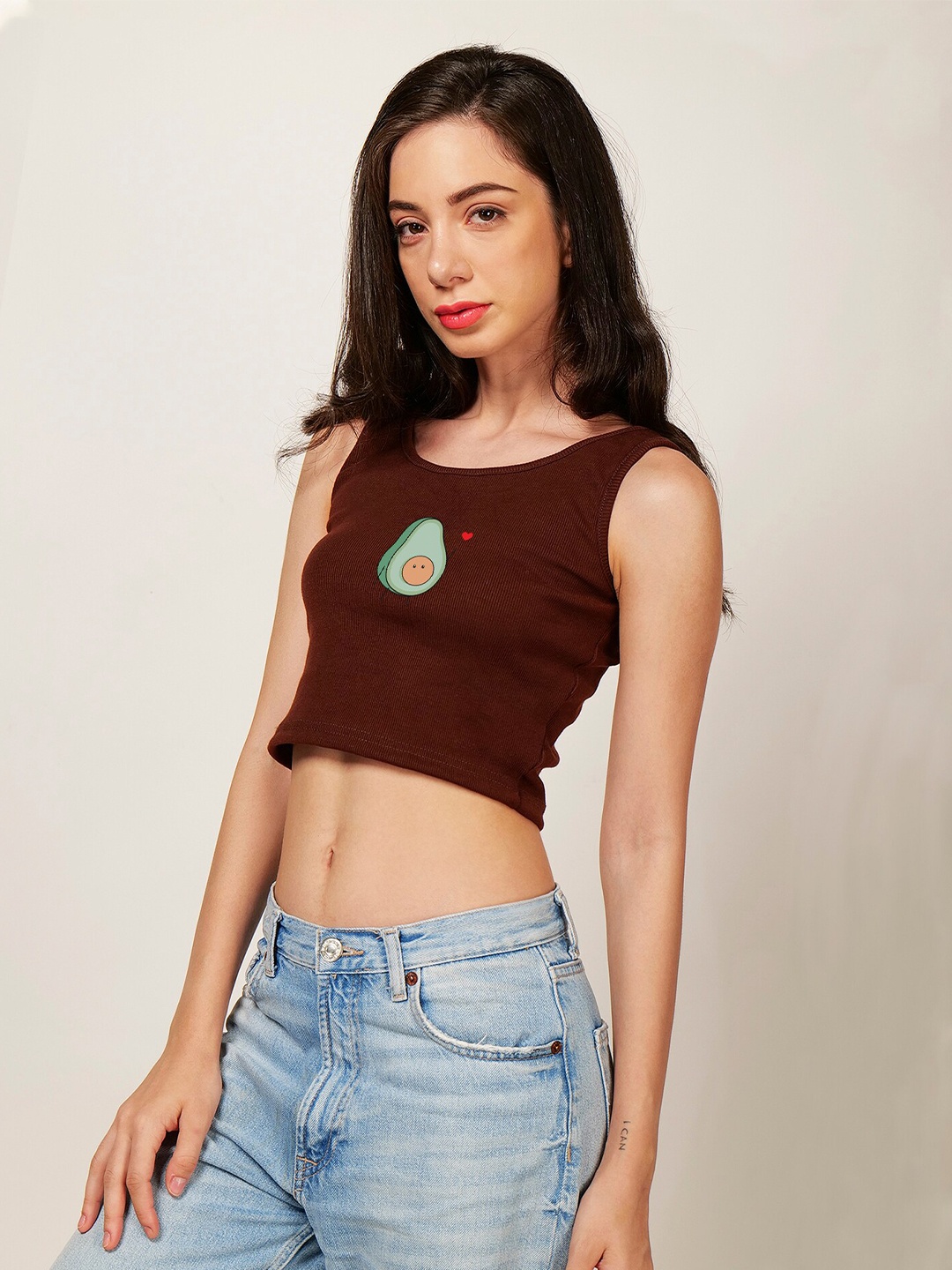 

Fashion And Youth Graphic Printed Fitted Crop Top, Coffee brown