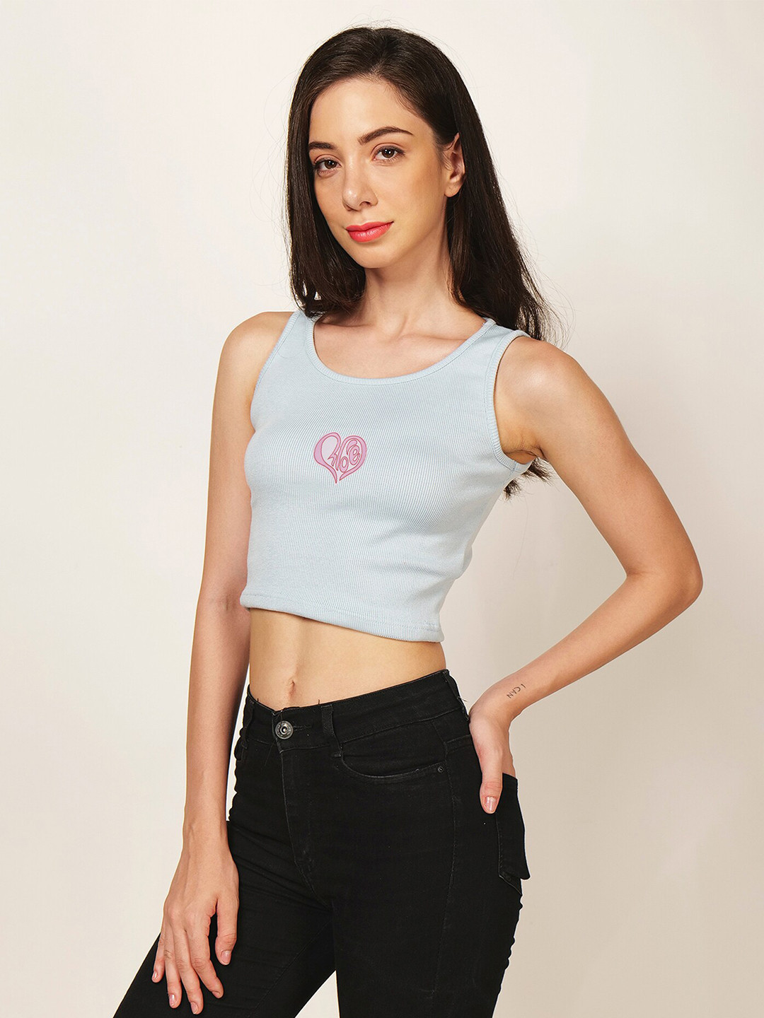 

Fashion And Youth Printed Round Neck Sleeveless Crop Top, Turquoise blue