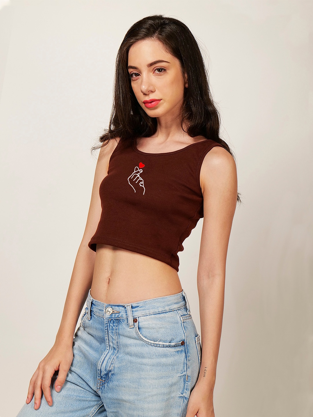 

Fashion And Youth Graphic Printed Ribbed Fitted Crop Top, Coffee brown