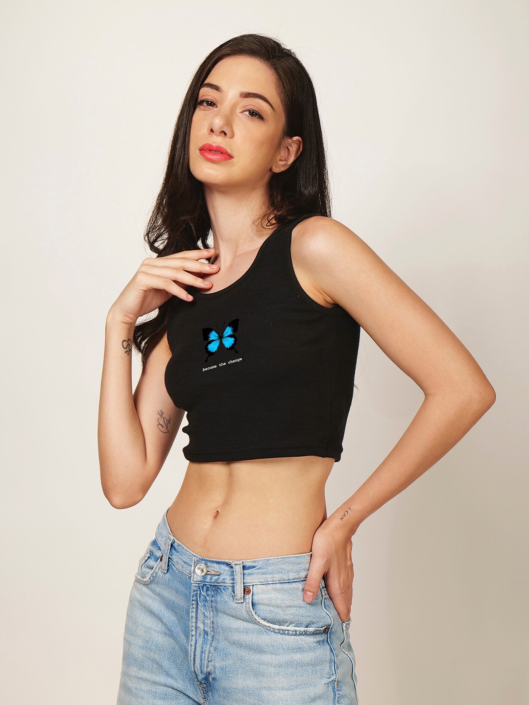 

Fashion And Youth Typography Printed Ribbed Fitted Crop Top, Black