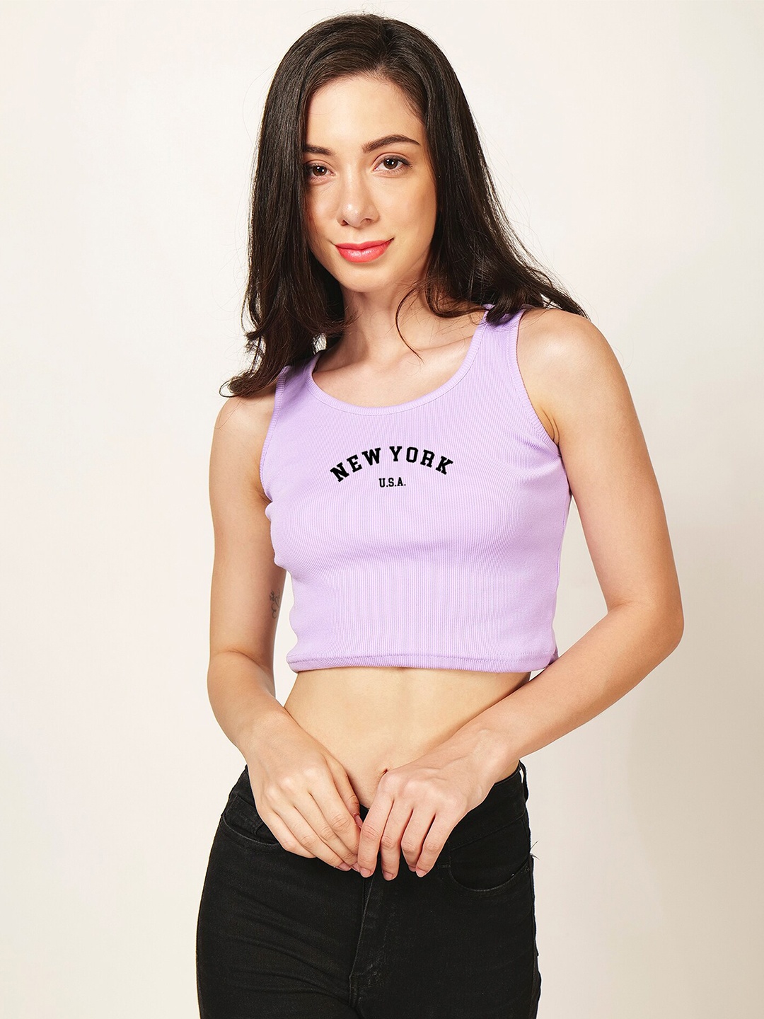 

Fashion And Youth Styled Back Round Neck Regular Crop Top, Lavender