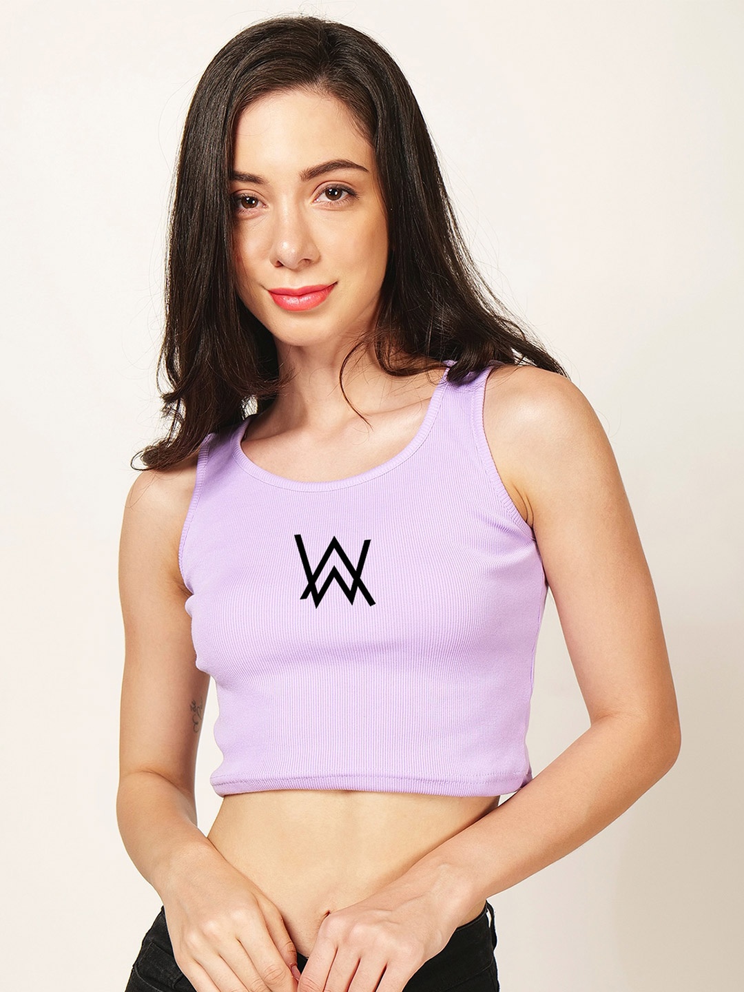 

Fashion And Youth Printed Round Neck Sleeveless Fitted Crop Top, Lavender