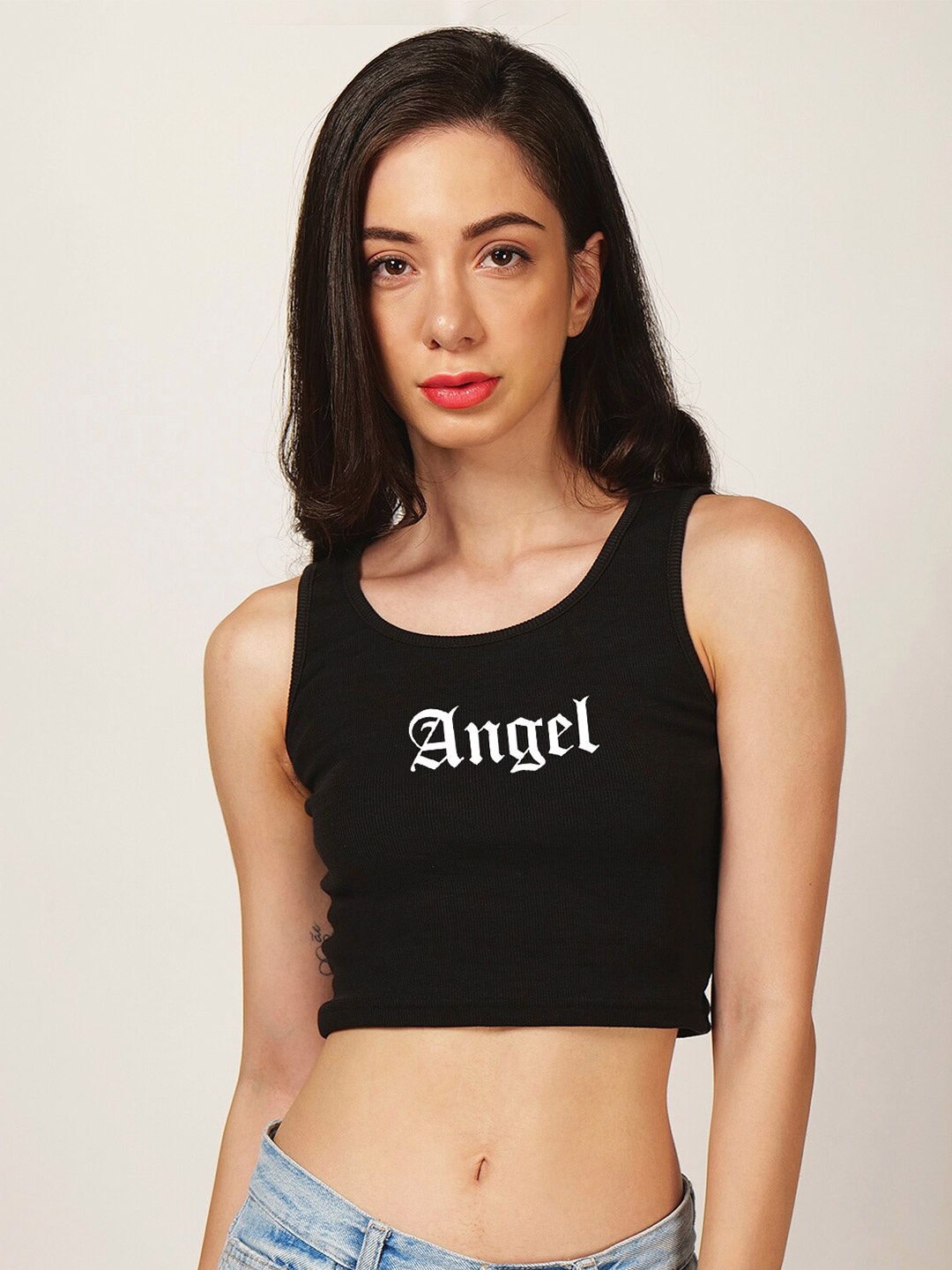 

Fashion And Youth Typography Printed Round Neck Sleeveless Cotton Crop Top, Black