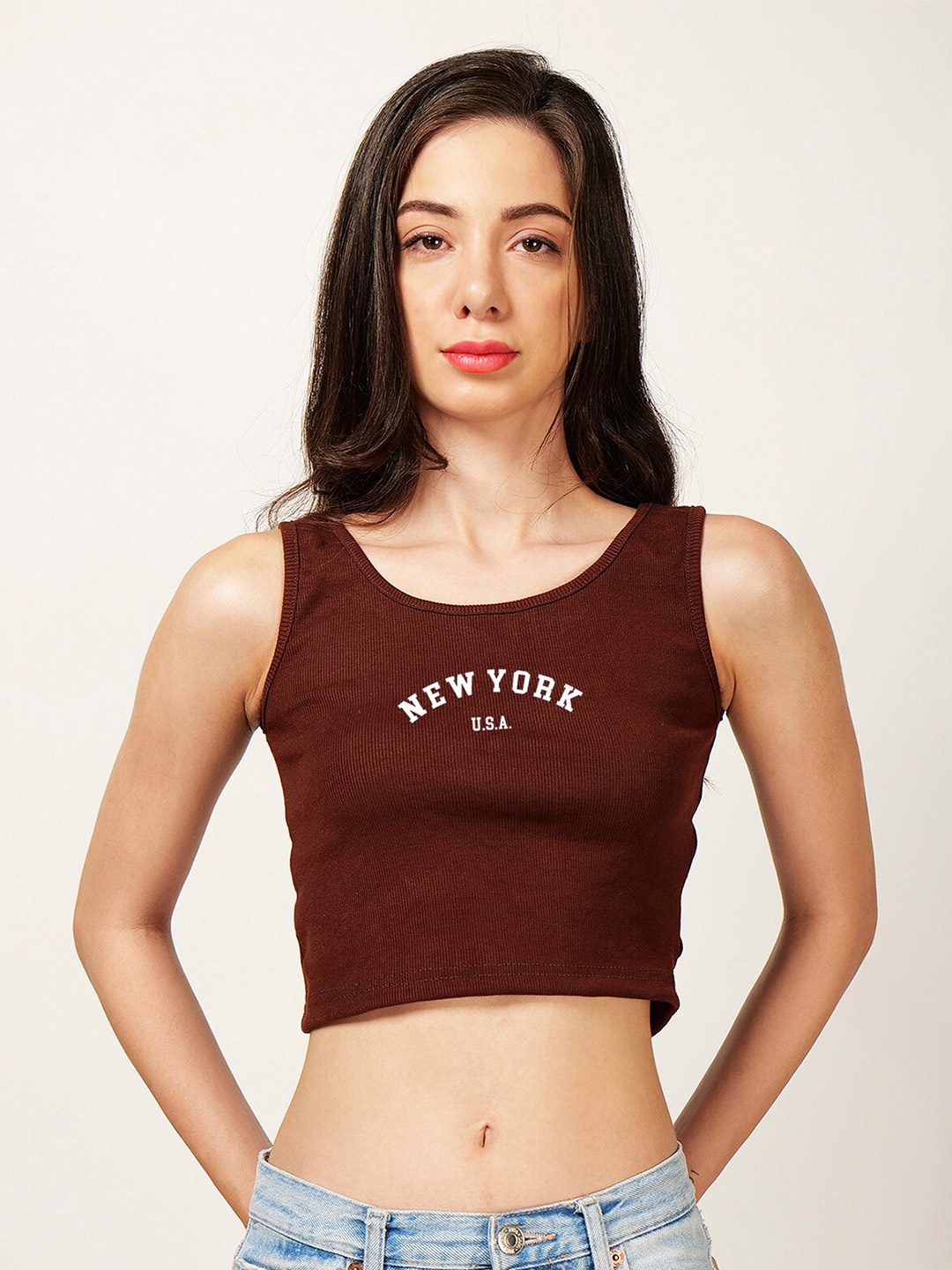 

Fashion And Youth Typography Printed Ribbed Fitted Crop Top, Coffee brown