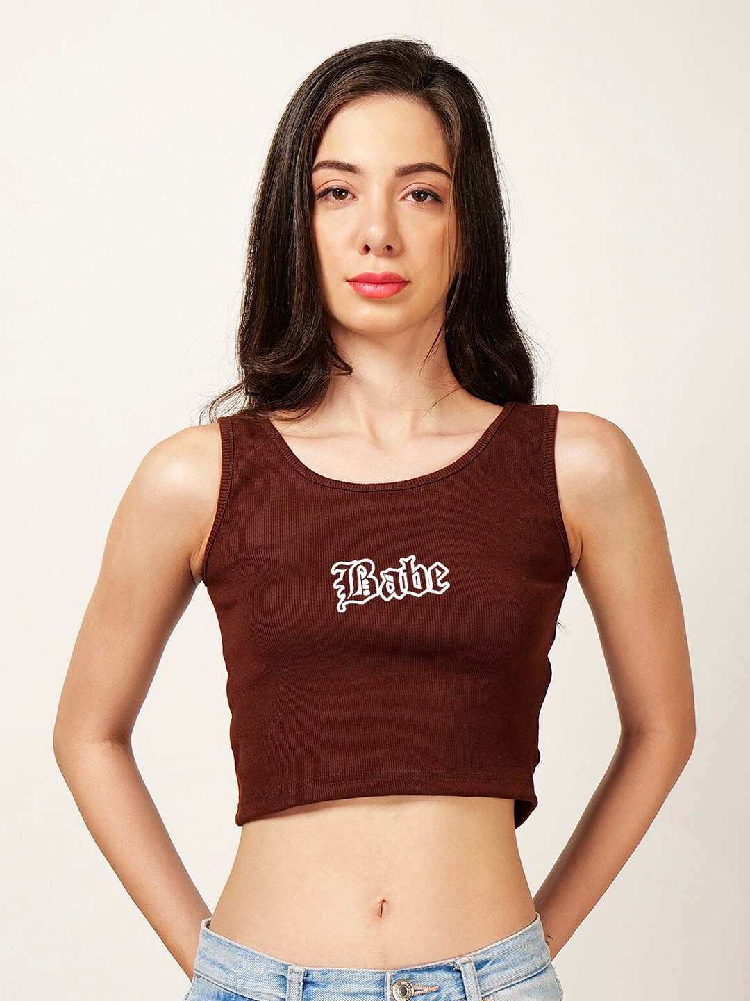 

Fashion And Youth Typography Printed Ribbed Fitted Crop Top, Coffee brown