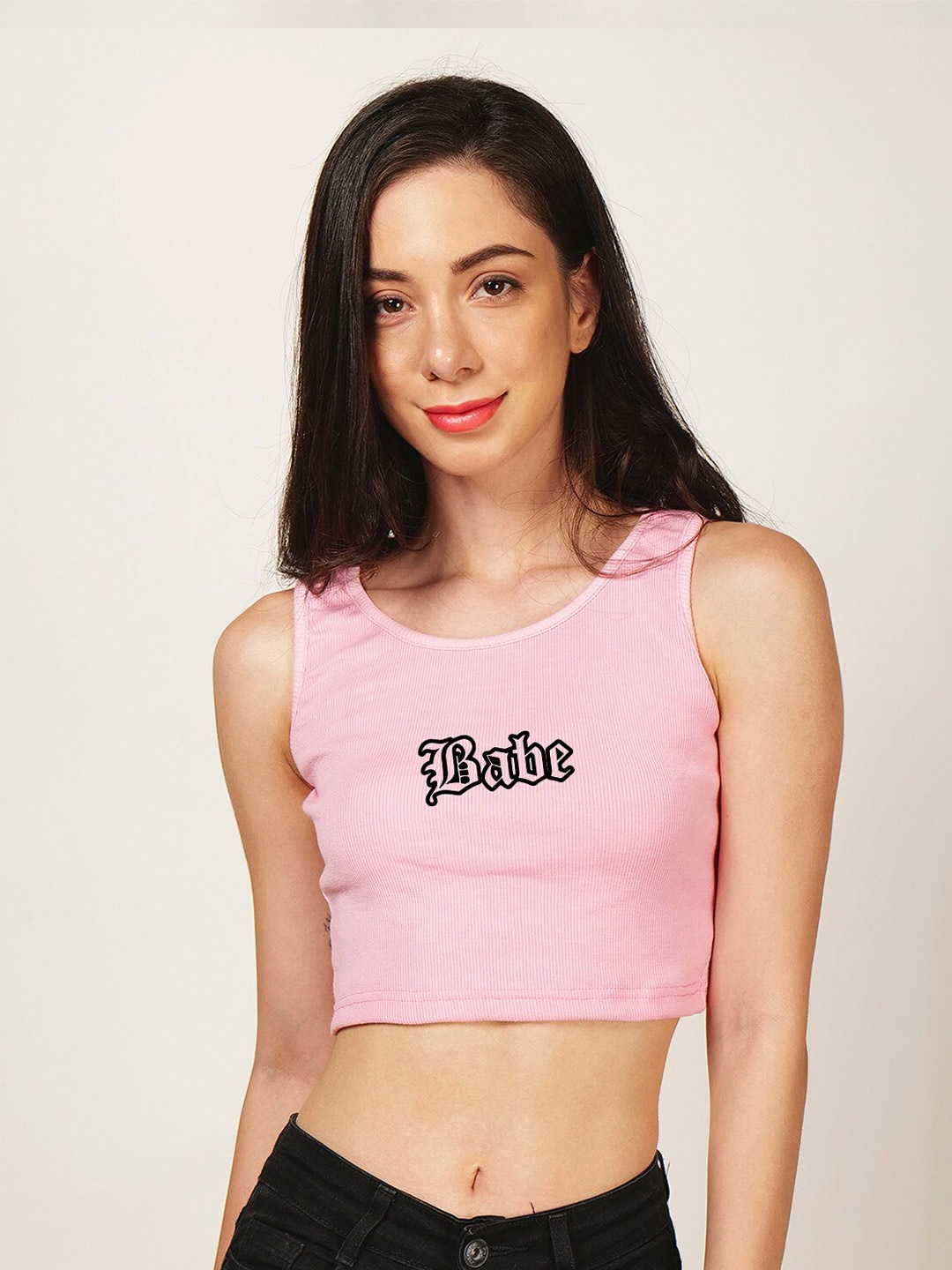 

Fashion And Youth Round Neck Typography Print Fitted Crop Top, Pink