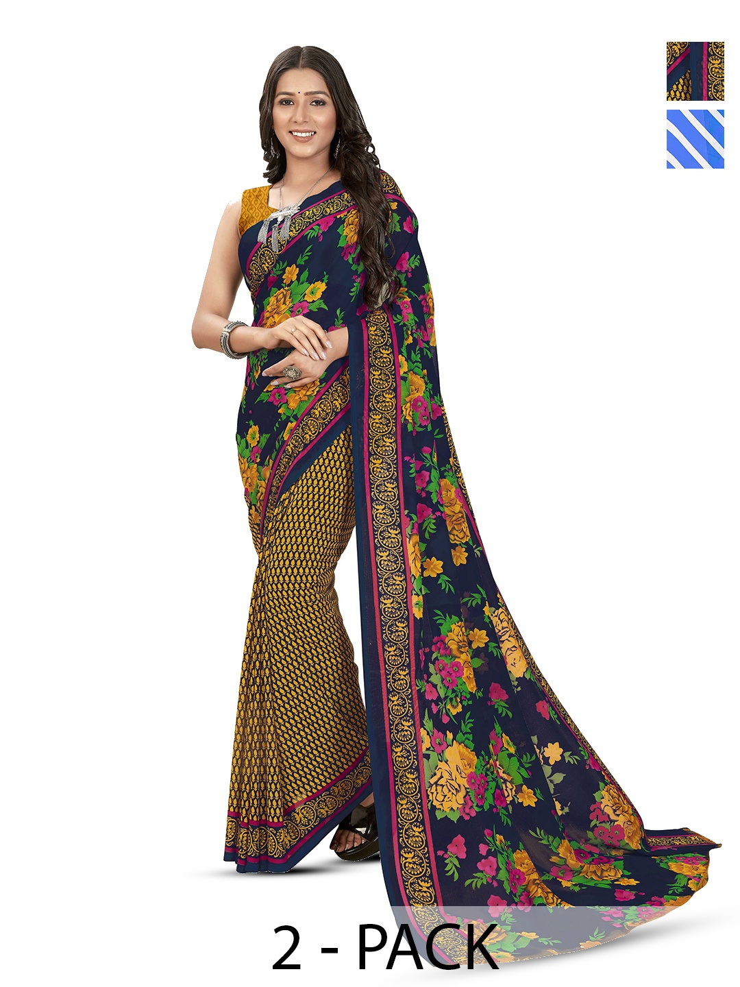 

ANAND SAREES Selection Of 2 Floral Printed Saree, Blue