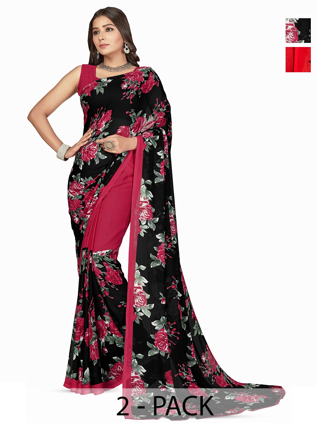 

ANAND SAREES Pack Of 2 Floral Saree, Black