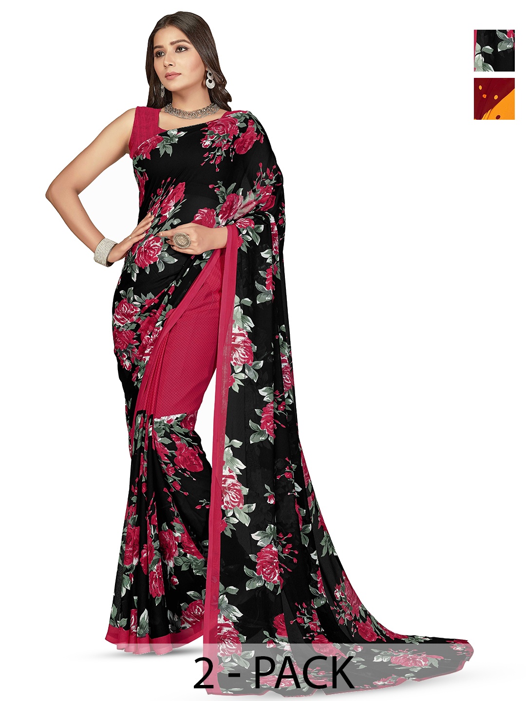 

ANAND SAREES Selection Of 2 Floral Printed Sarees, Black
