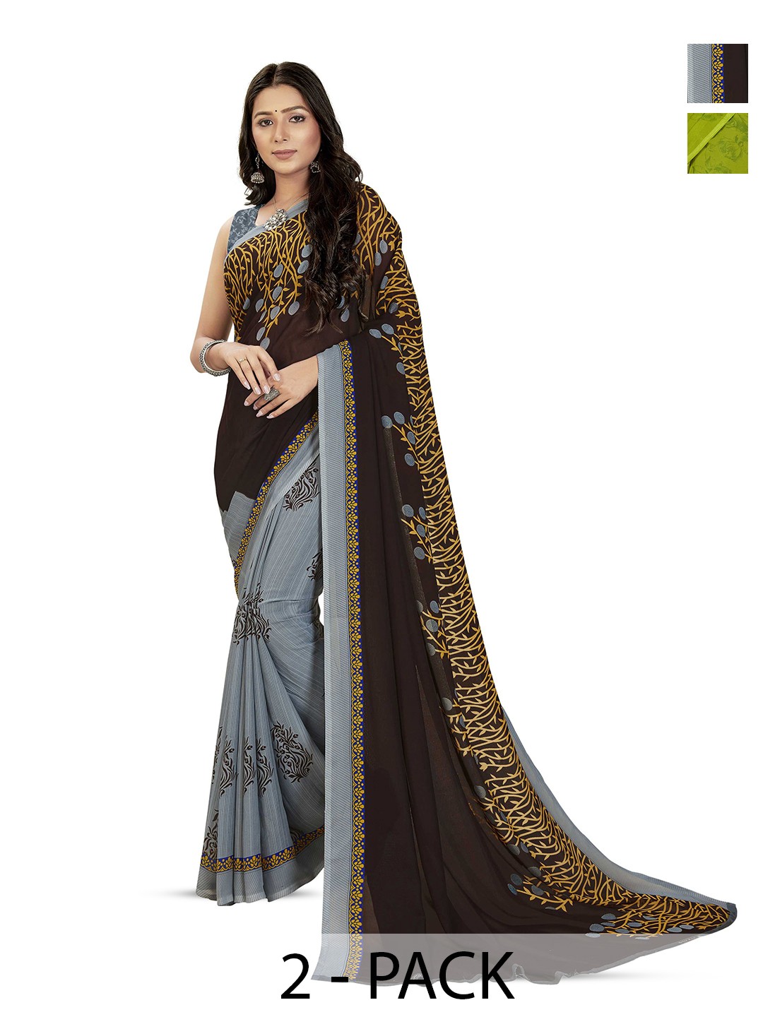 

ANAND SAREES Selection Of 2 Floral Printed Saree, Green