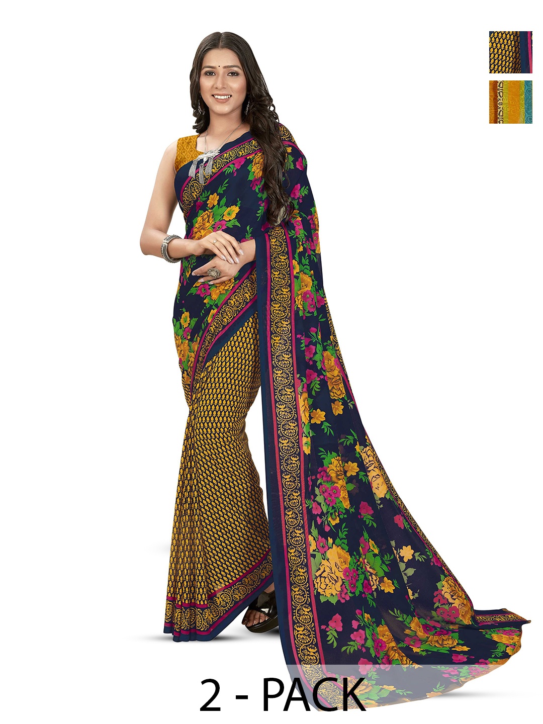 

ANAND SAREES Selection of 2 Floral Printed Sarees, Navy blue