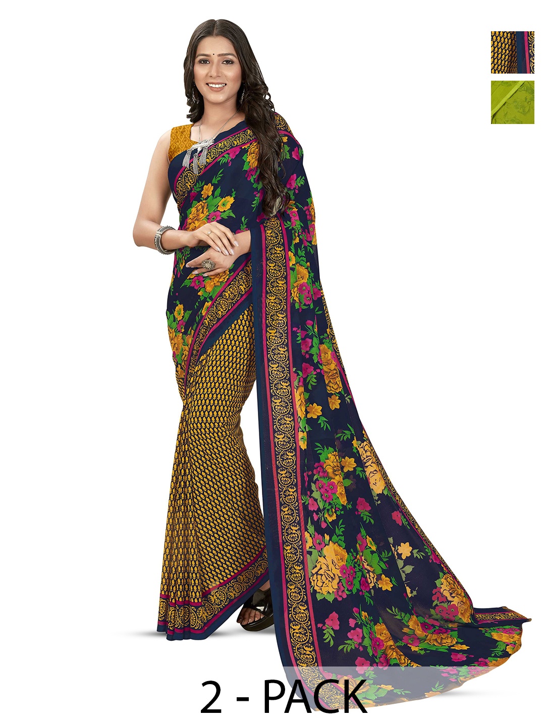 

ANAND SAREES Selection of 2 Printed Sarees, Green