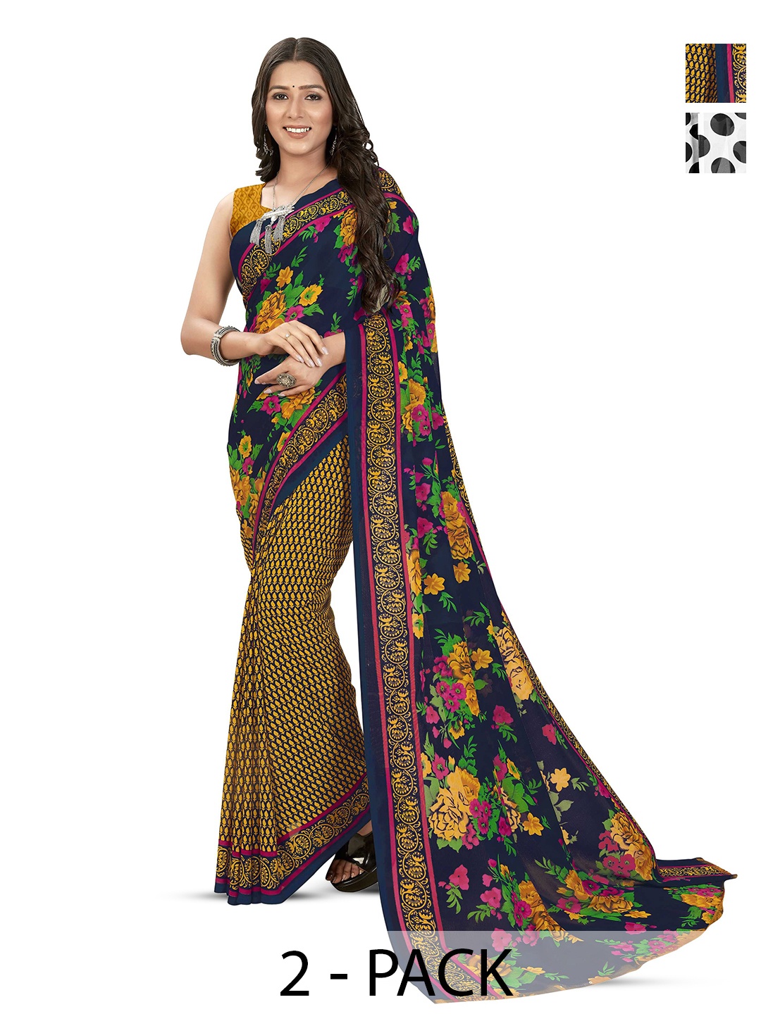 

ANAND SAREES Selection of 2 Floral Printed Saree, Blue