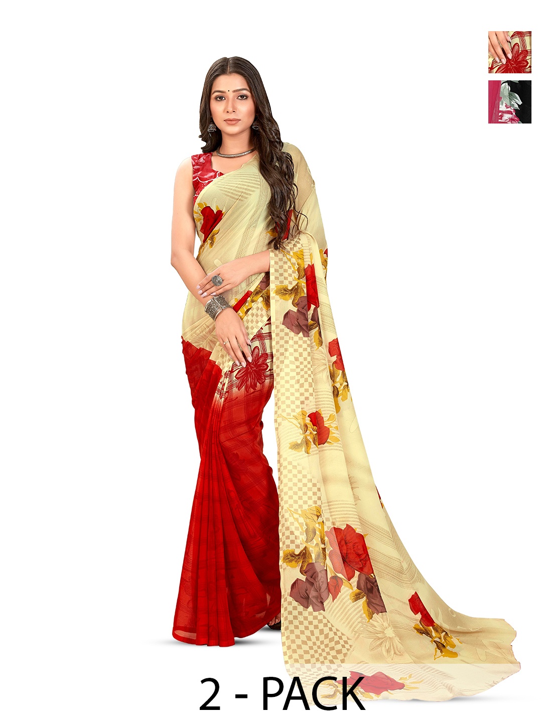 

ANAND SAREES Selection Of 2 Floral Printed Saree, Black