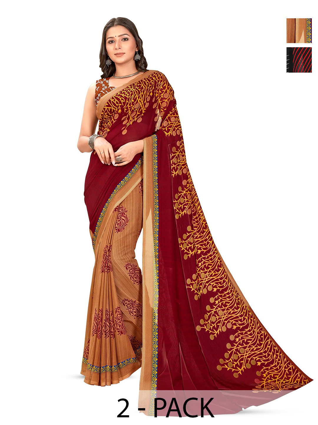 

ANAND SAREES Selection Of 2 Abstract Printed Sarees, Red