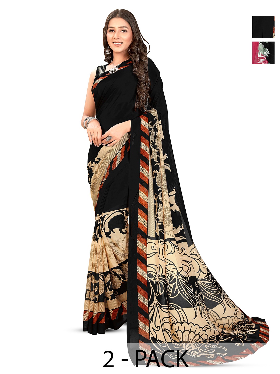 

ANAND SAREES Pack Of 2 Floral Saree, Black