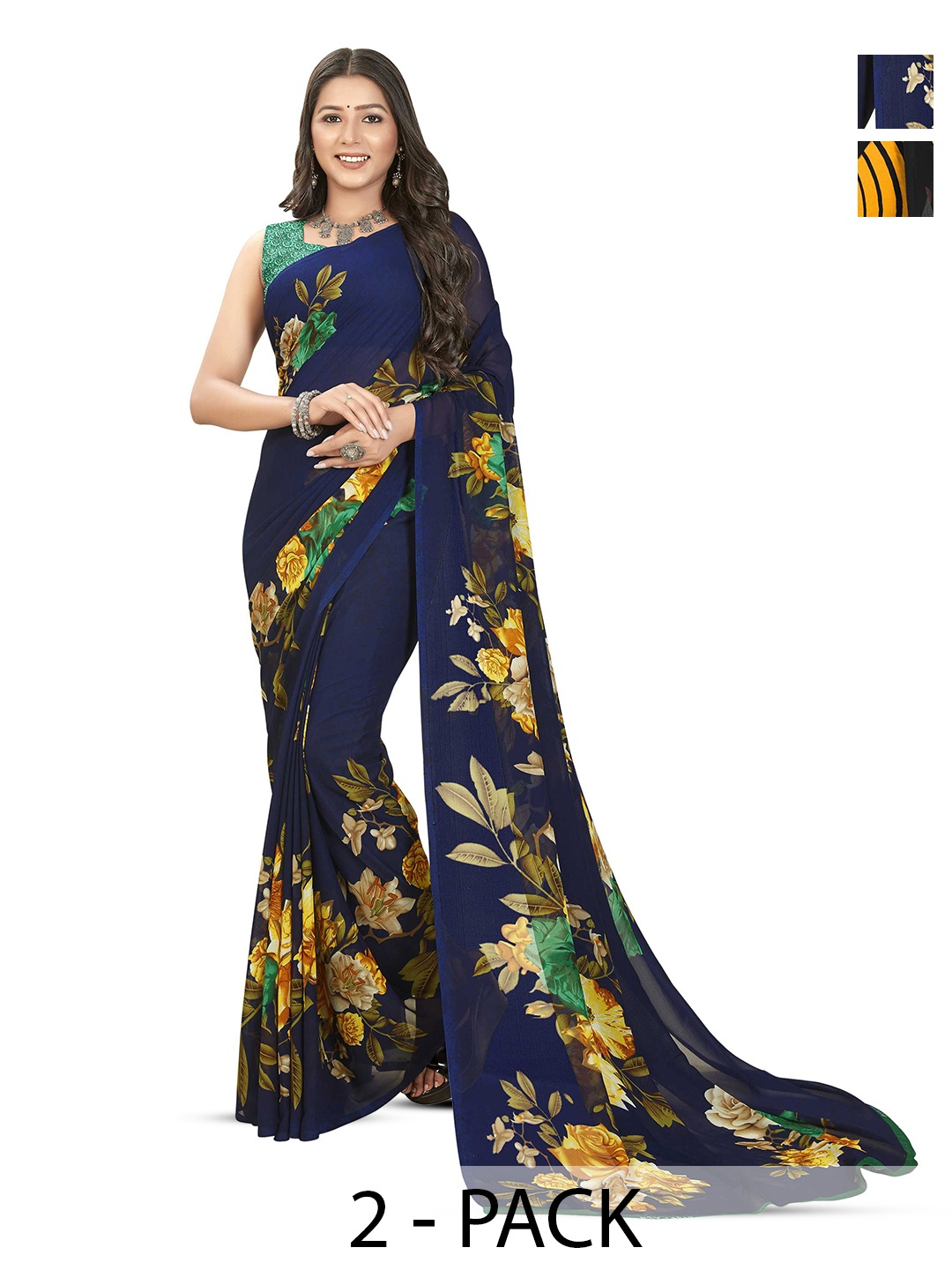 

ANAND SAREES Selection Of 2 Floral Printed Sarees, Navy blue
