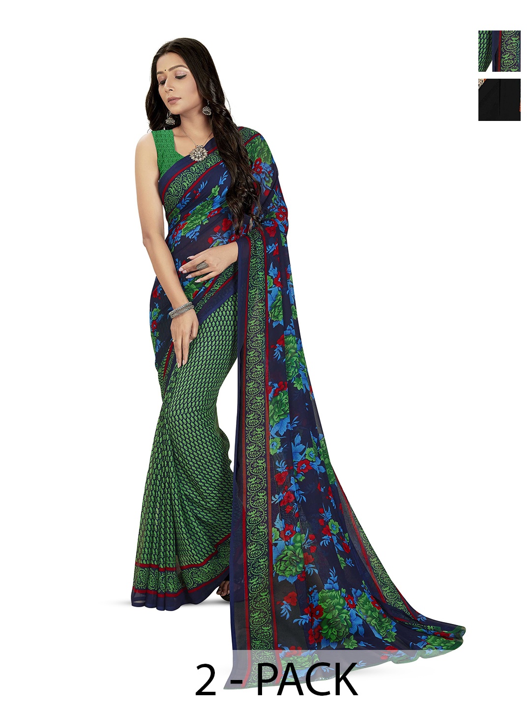 

ANAND SAREES Selection of 2 Floral Printed Saree, Green