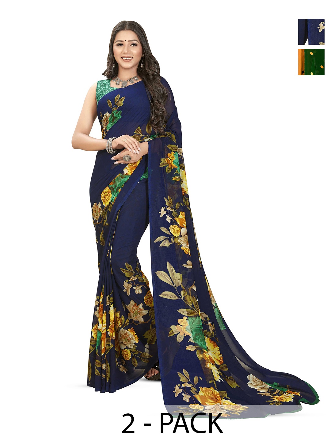 

ANAND SAREES Selection of 2 Floral Printed Saree, Blue