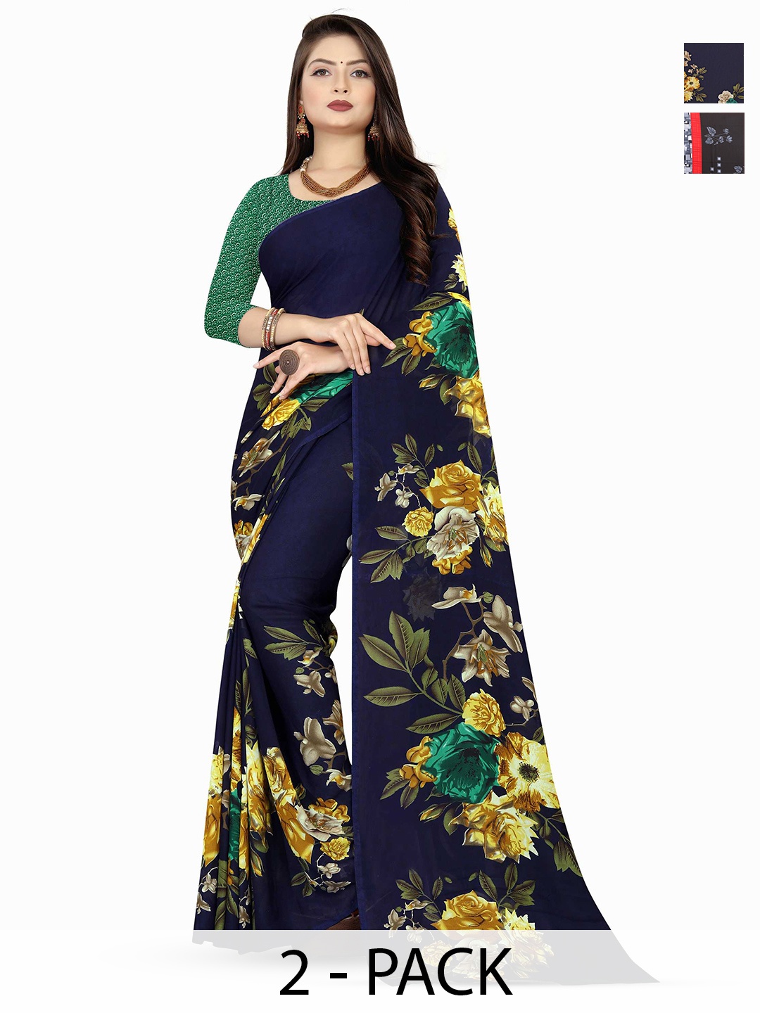 

ANAND SAREES Selection Of 2 Printed Sarees, Navy blue