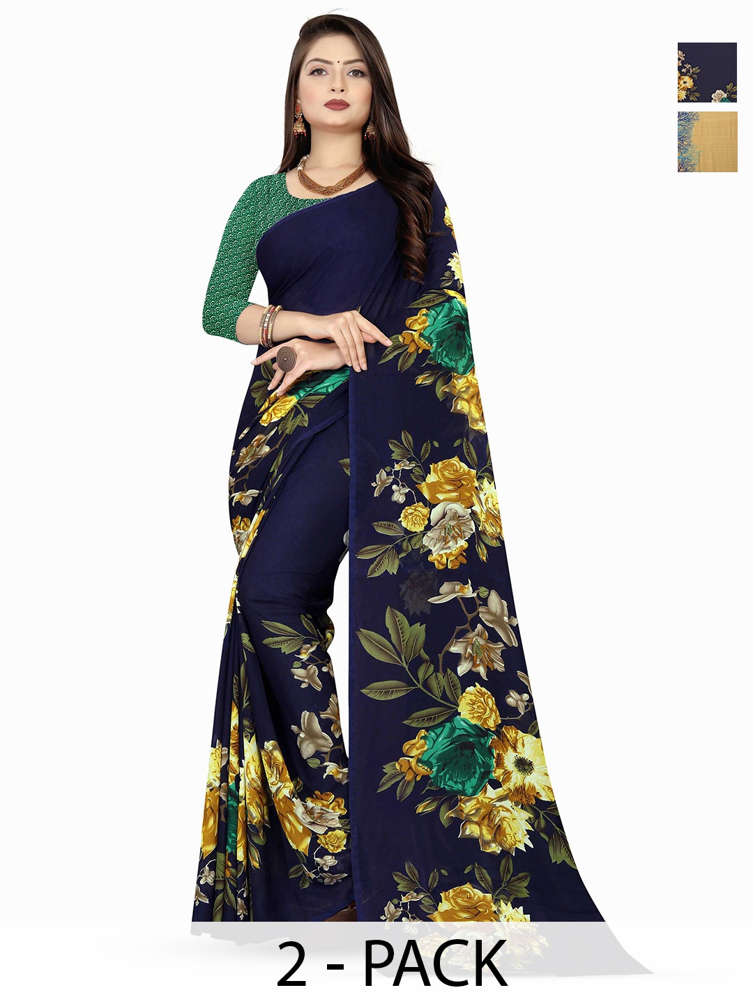 

ANAND SAREES Selection Of 2 Floral Printed Saree, Navy blue