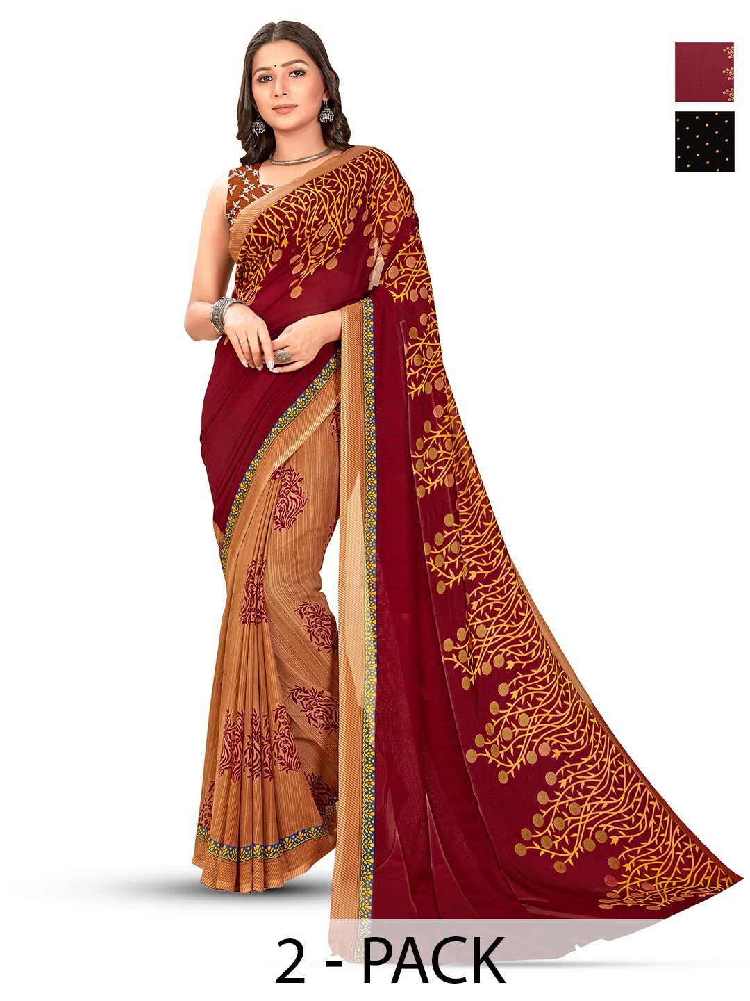 

ANAND SAREES Selection Of 2 Polka Dots Printed Saree, Black