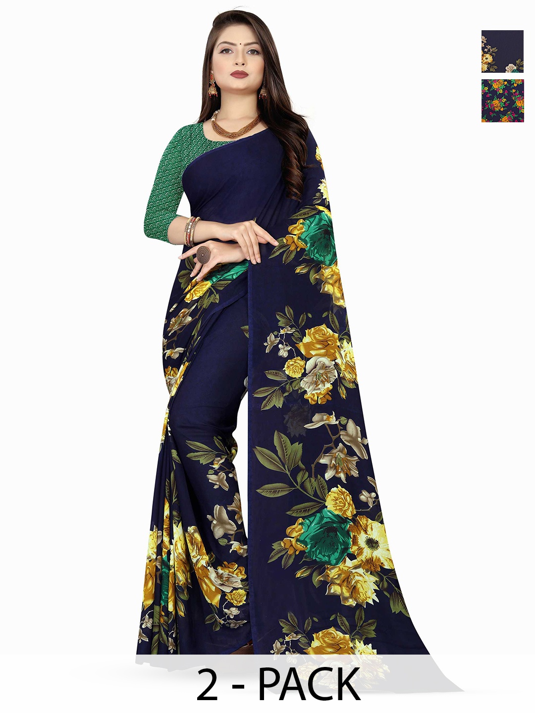 

ANAND SAREES Selection Of 2 Floral Printed Saree, Blue