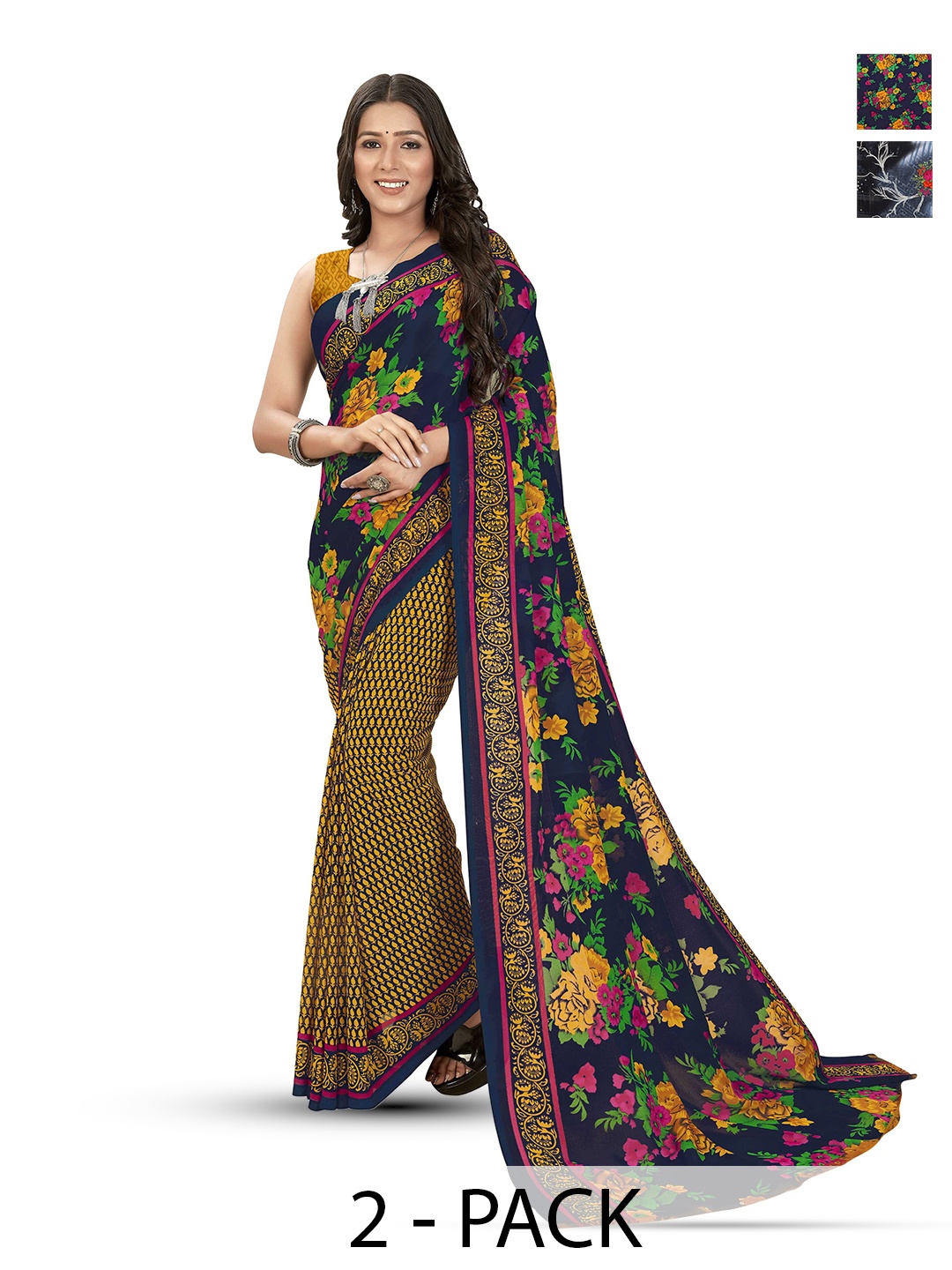 

ANAND SAREES Selection Of 2 Floral Printed Saree, Blue