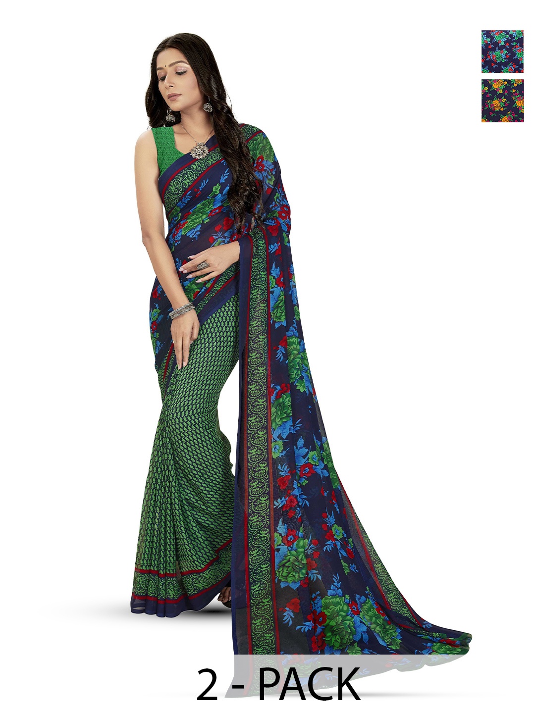 

ANAND SAREES Selection Of 2 Ethnic Motifs Printed Saree, Navy blue