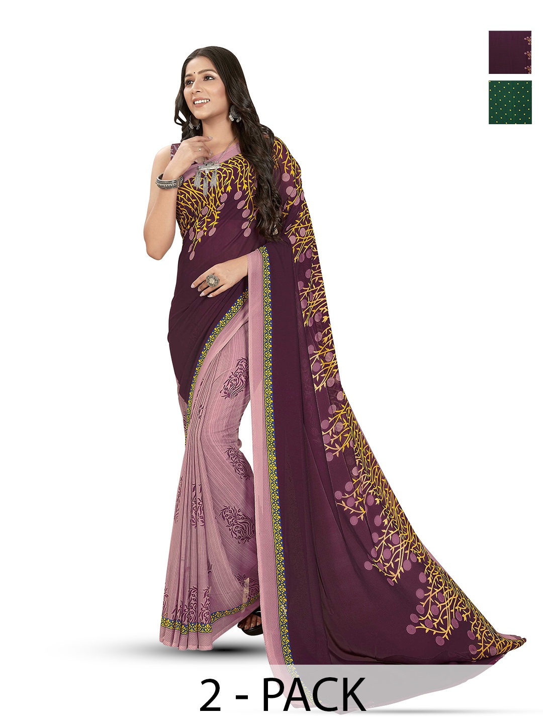 

ANAND SAREES Selection of 2 Polka Dot Printed Sarees, Yellow