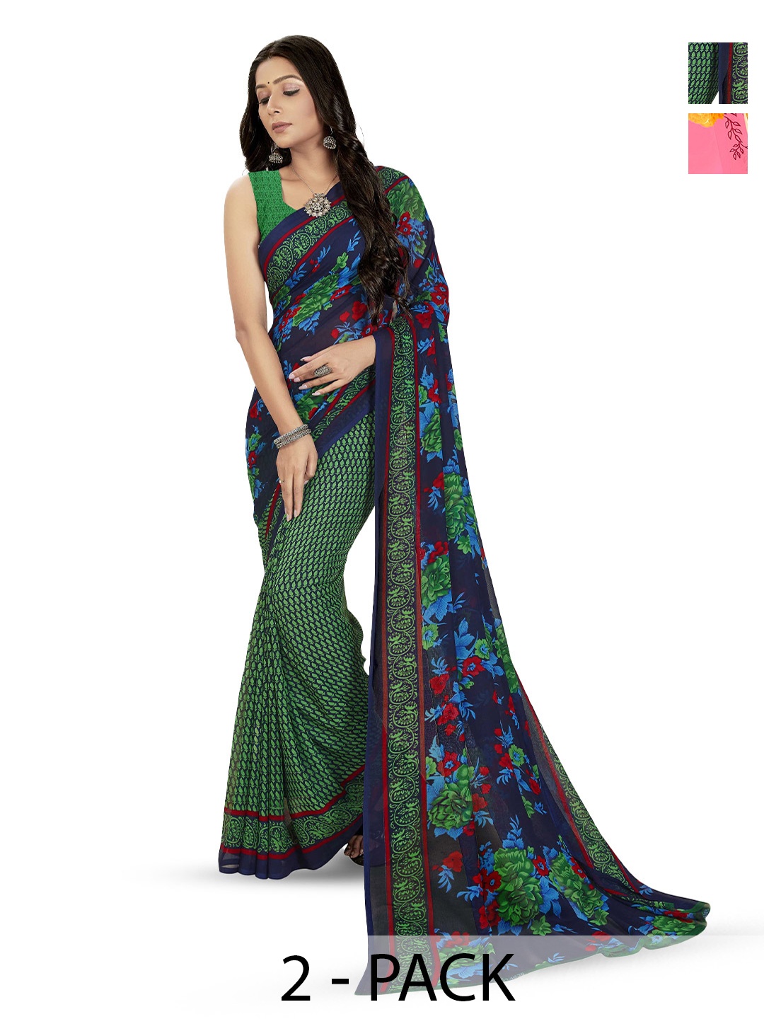 

ANAND SAREES Selection Of 2 Printed Sarees, Blue