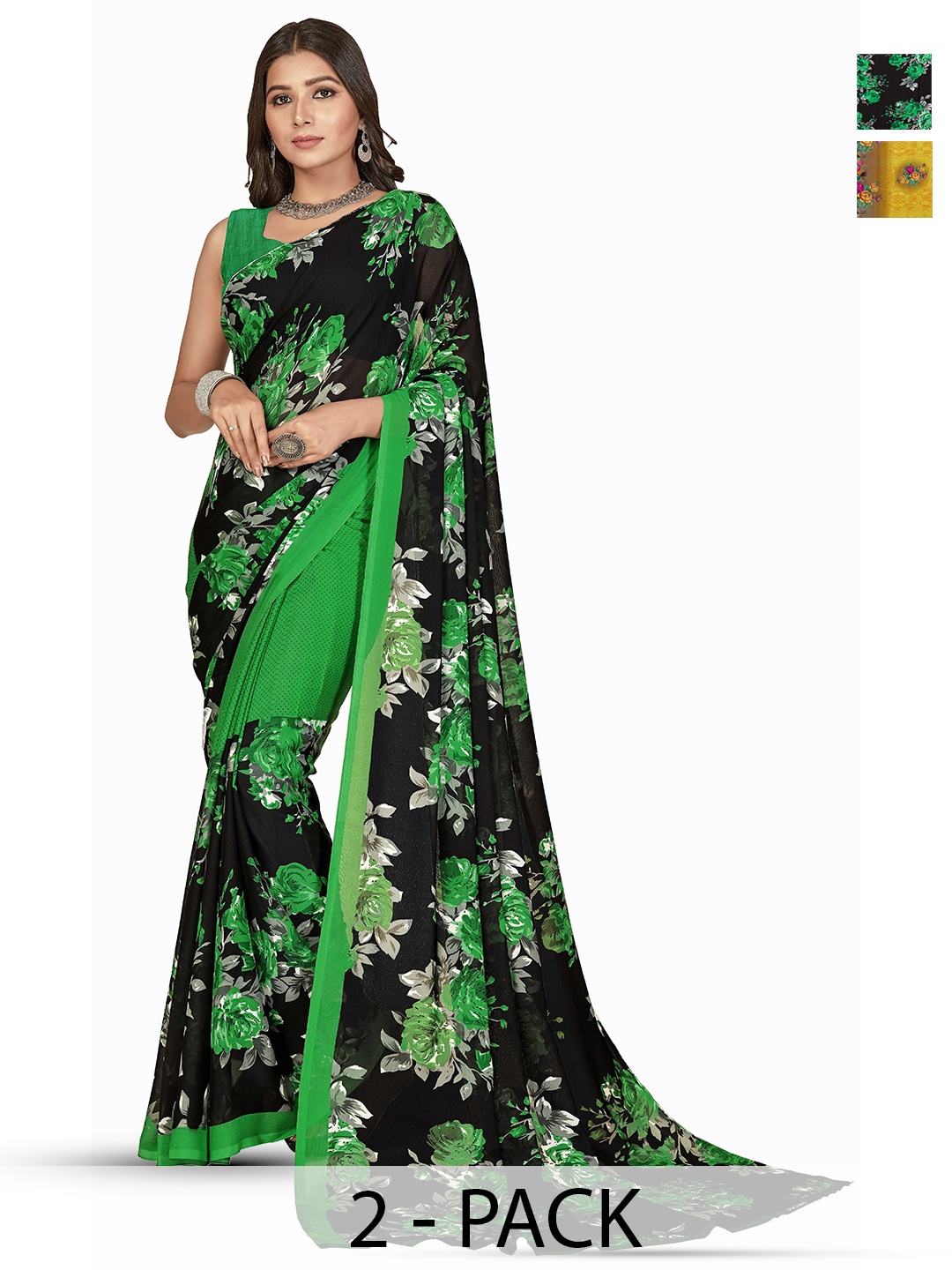 

ANAND SAREES Selection Of 2 Floral Printed Sarees, Black