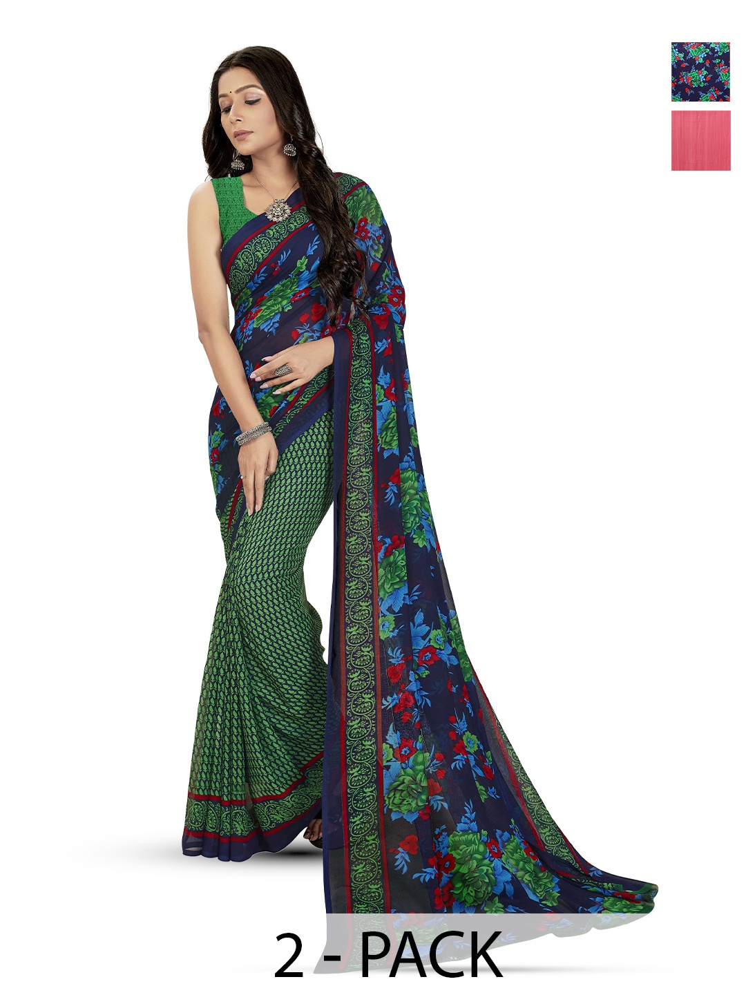 

ANAND SAREES Selection of 2 Floral Printed Saree, Blue