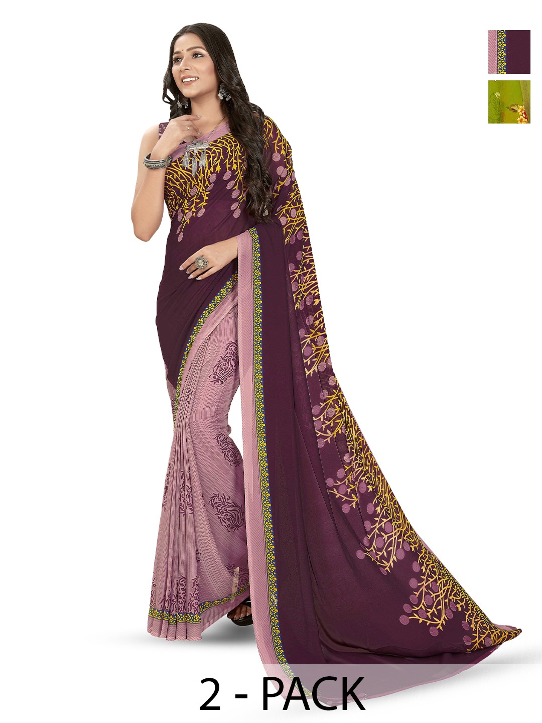 

ANAND SAREES Selection Of 2 Floral Printed Sarees, Green