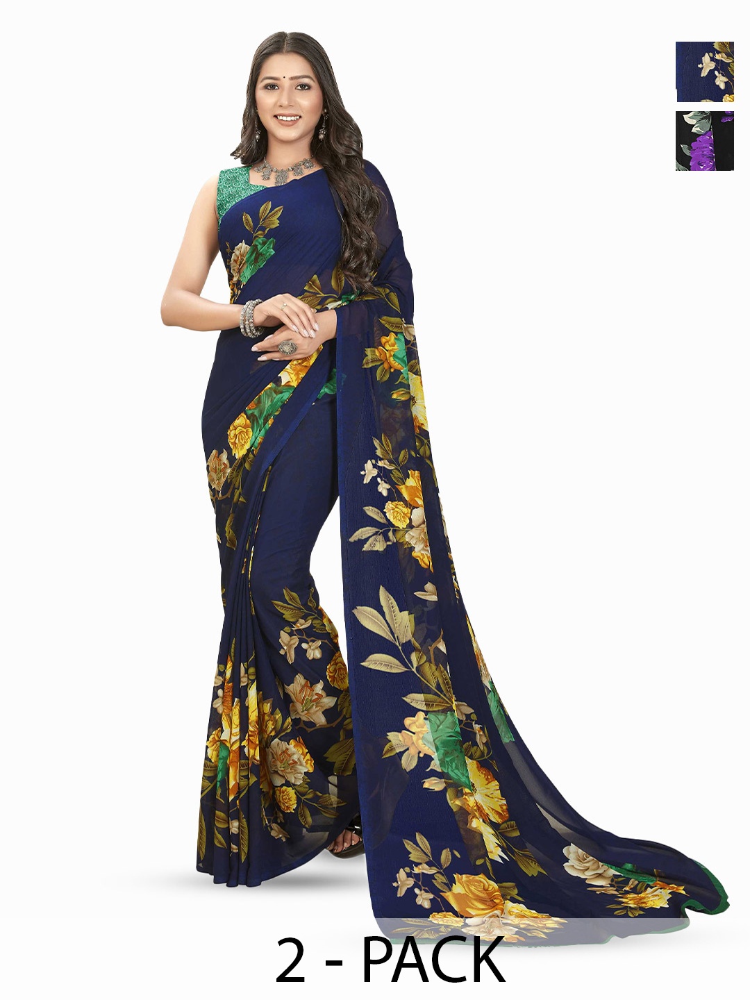 

ANAND SAREES Selection Of 2 Floral Printed Sarees, Navy blue