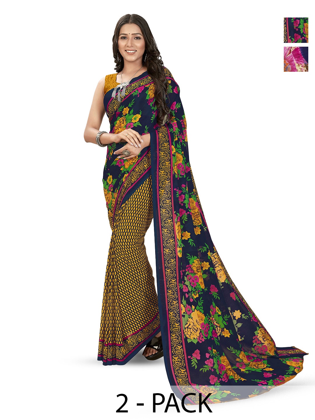 

ANAND SAREES Selection Of 2 Floral Printed Saree, Yellow