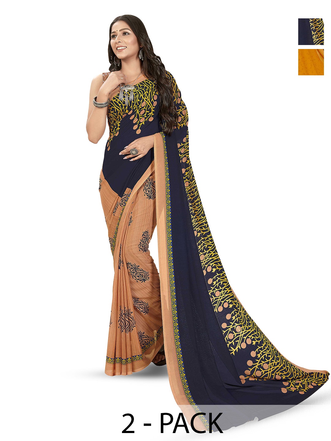 

ANAND SAREES Selection Of 2 Floral Printed Saree, Navy blue