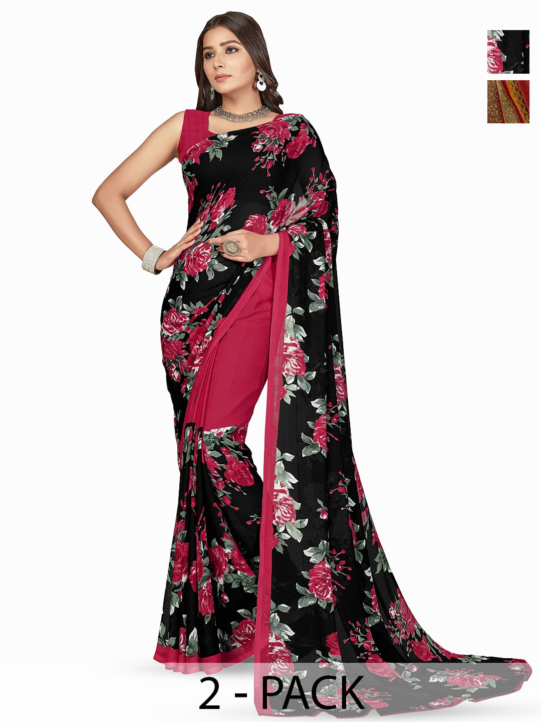 

ANAND SAREES Selection Of 2 Floral Printed Sarees, Black