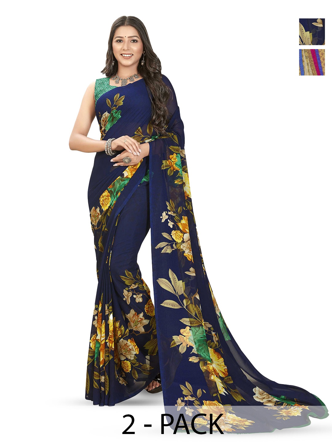 

ANAND SAREES Selection Of 2 Floral Printed Sarees, Blue