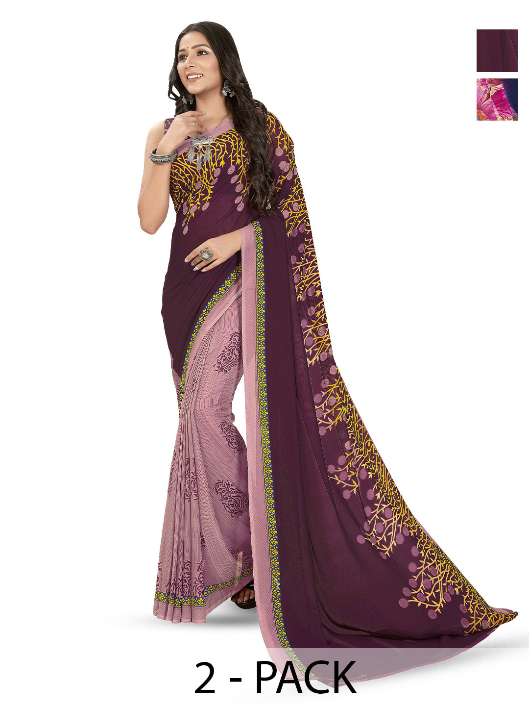 

ANAND SAREES Selection of 2 Floral Printed Sarees, Blue